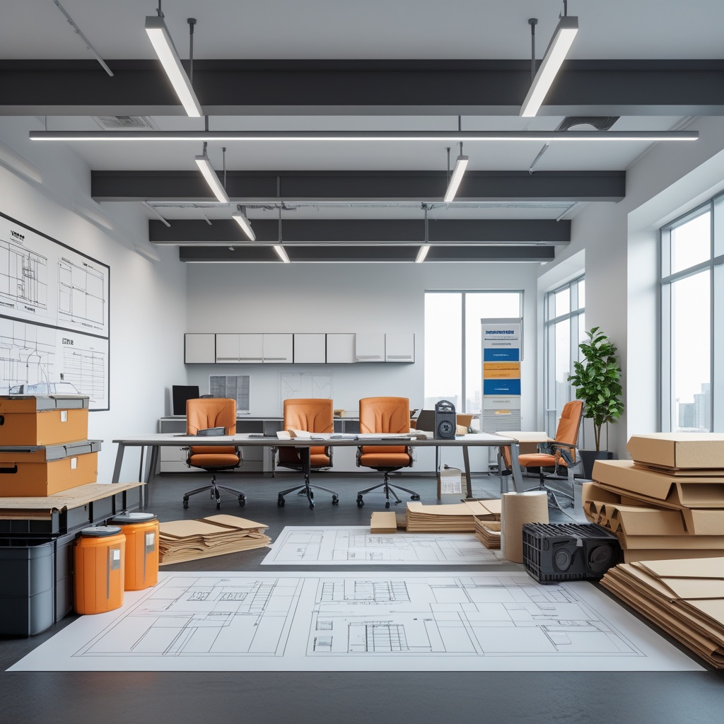 Bright modern office workspace with roofing business materials, blueprints, and equipment