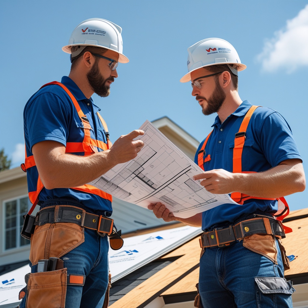 Two roofing professionals in work gear reviewing plans and materials specifications.