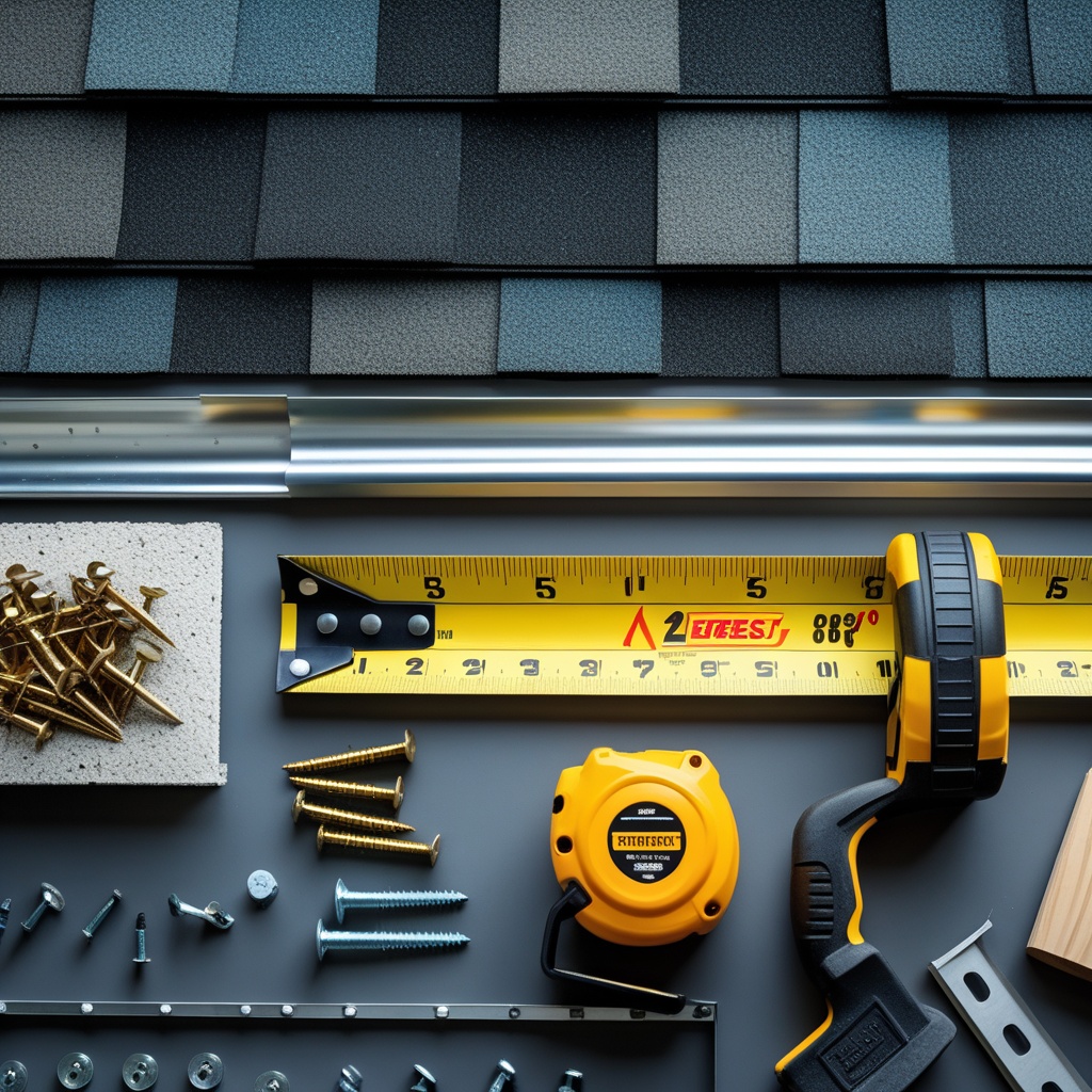 Detailed roofing tools and materials including tape measure, fasteners, and metal edging arranged on work surface