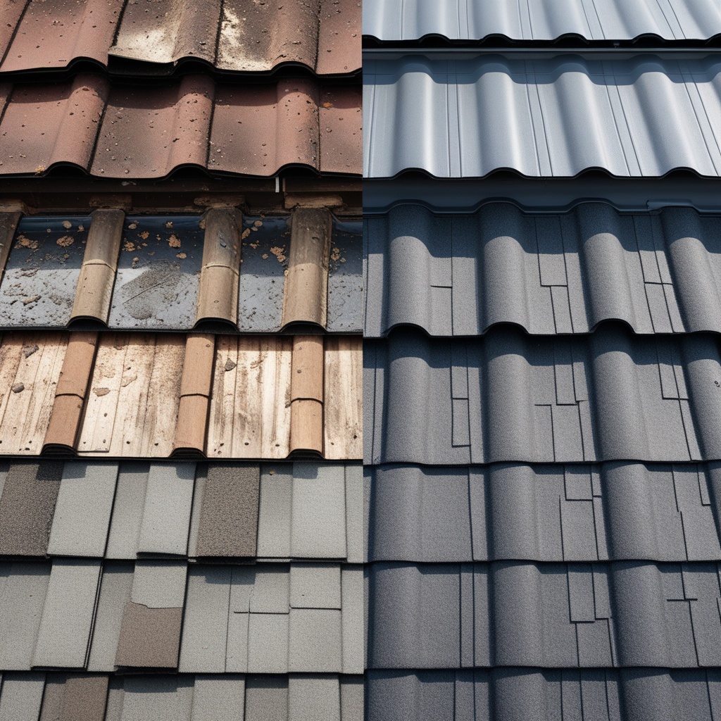 Before view showing weathered roof section with visible wear, algae growth, and damaged areas.